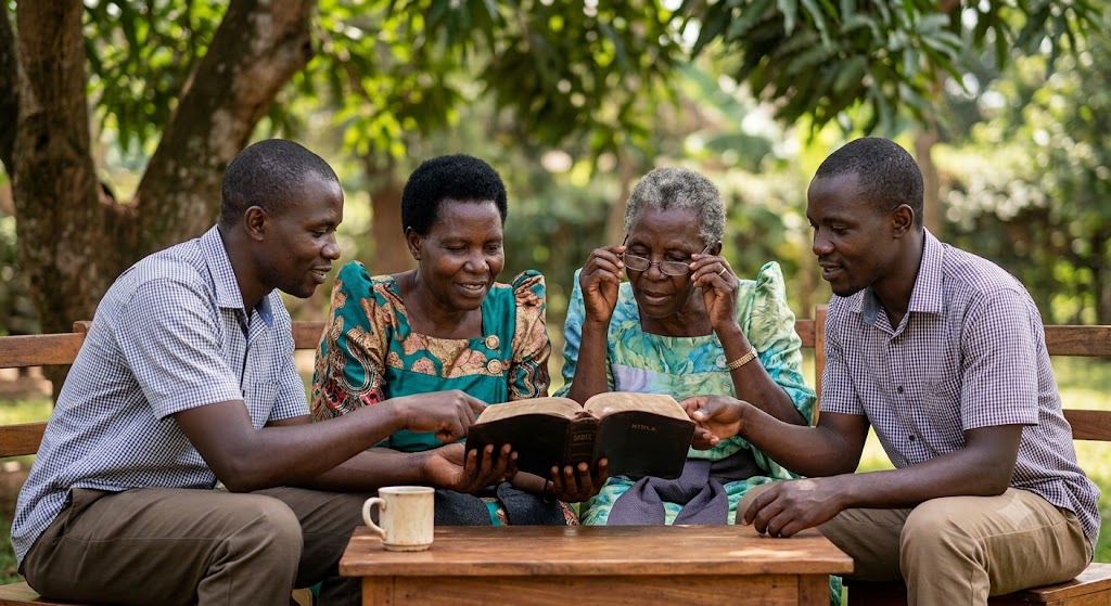 Church members sitting quietly together, reading their Bibles